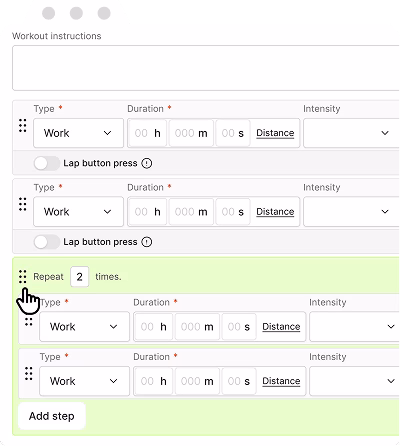 Building a workout with distance and duration steps in the EndoGusto workout builder